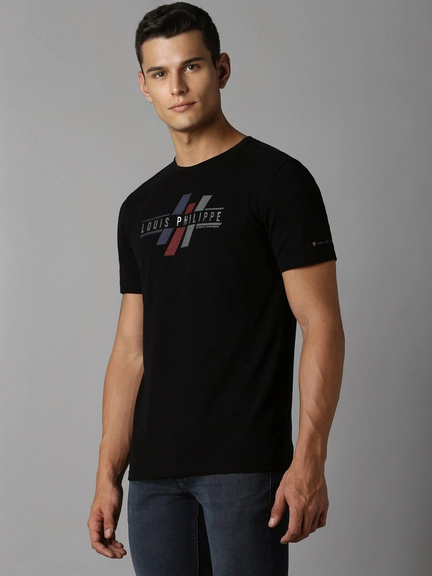 Louis Philippe Black Cotton Slim Fit Printed T-Shirt