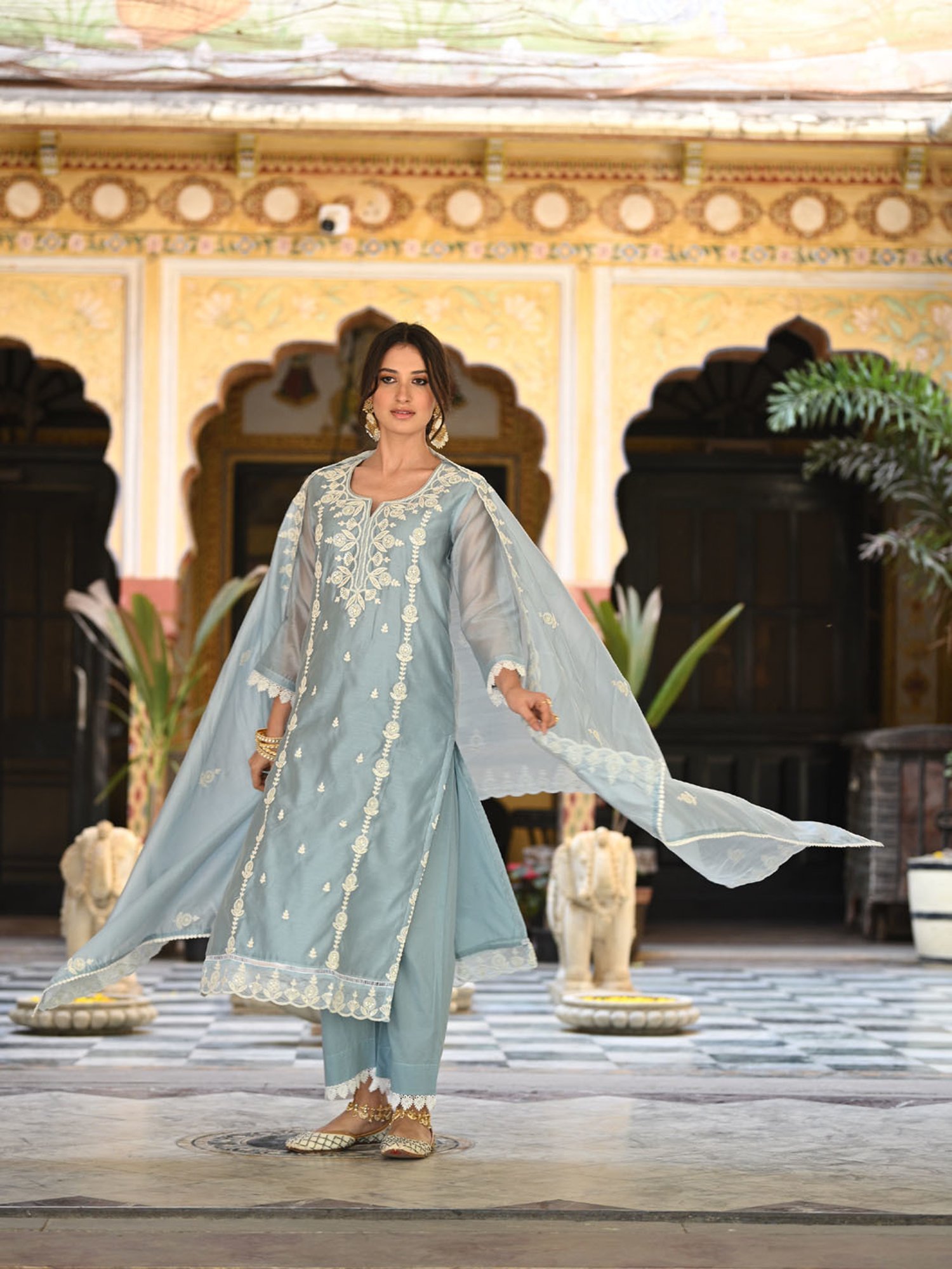 Mahee Jaipur Blue Chand Pure Chanderi Suit Set with Threadwork and Scallope dupatta