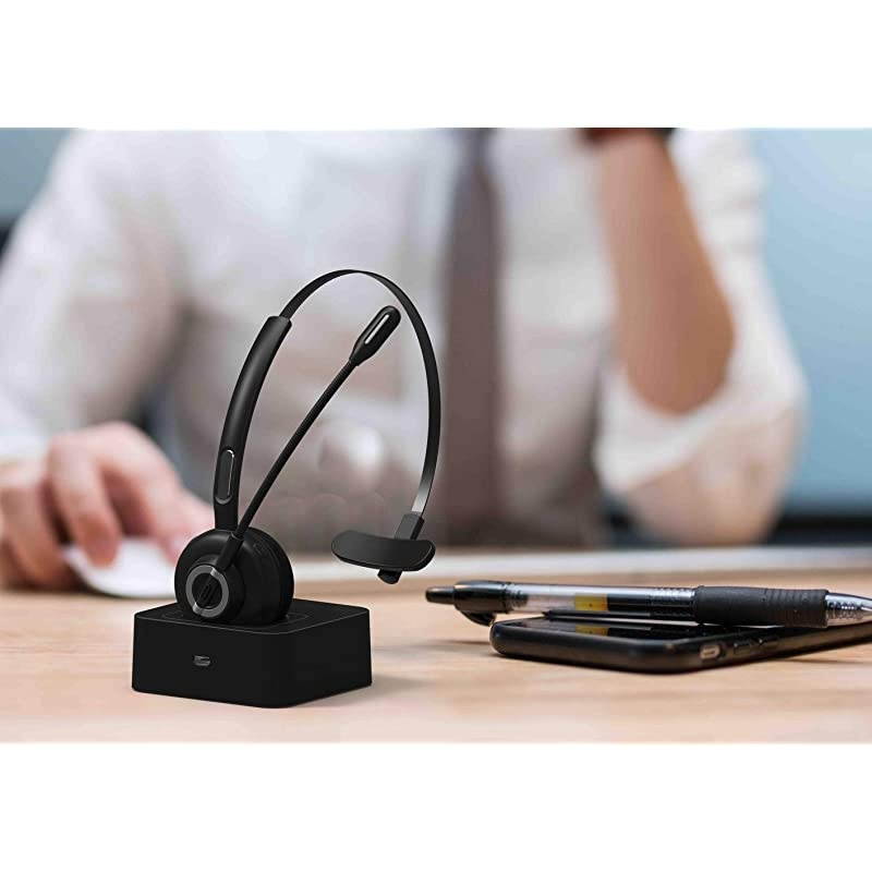 Bluetooth Headset for Cell Phones Office Headset with Noise Cancelling Microphone Charging Dock 17h Talking Time for Trucker Telephone Skype Call Center PC