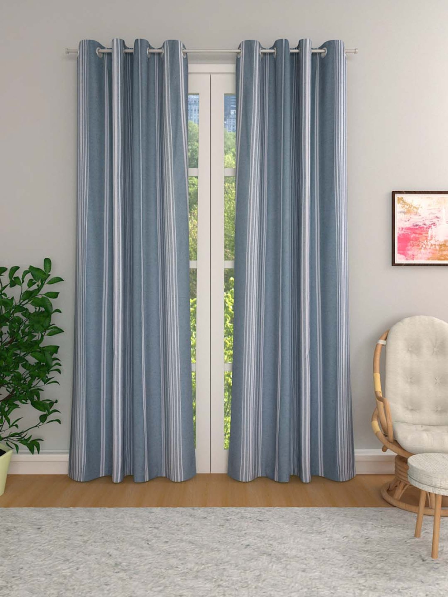 Swayam Cream & Blue Printed Faux Silk Door Curtains - Set of 2