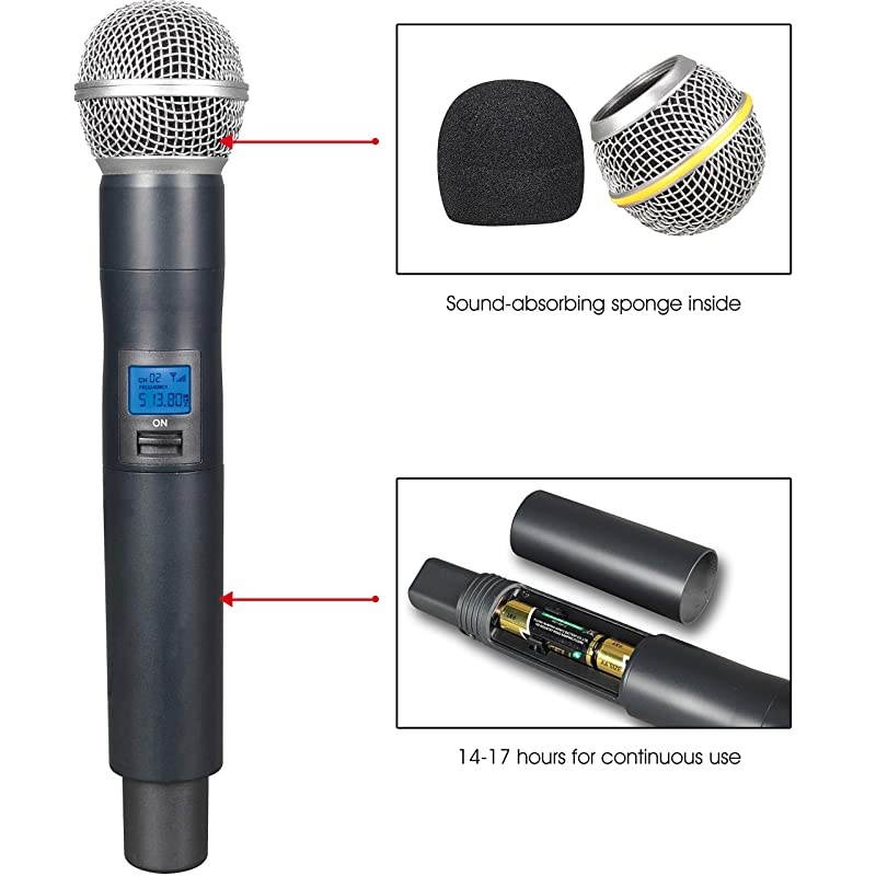 Metal Dual UHF Wireless Microphone System,inp Metal Cordless Mic Set, Long Distance 150-200Ft,16 Hours Continuous Use for Family Party,Church,Small Karaoke Night (WM-200-New) (WM200N)
