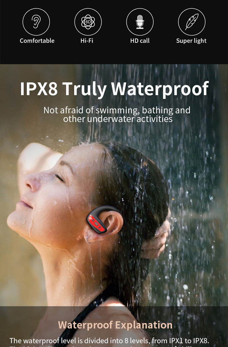 Black Ipx8 Swimming Earphone Waterproof 32GB Mp3 Player 12Hours Playing Bluetooth Headset Running Hifi Bass Wireless Earbud(Black)