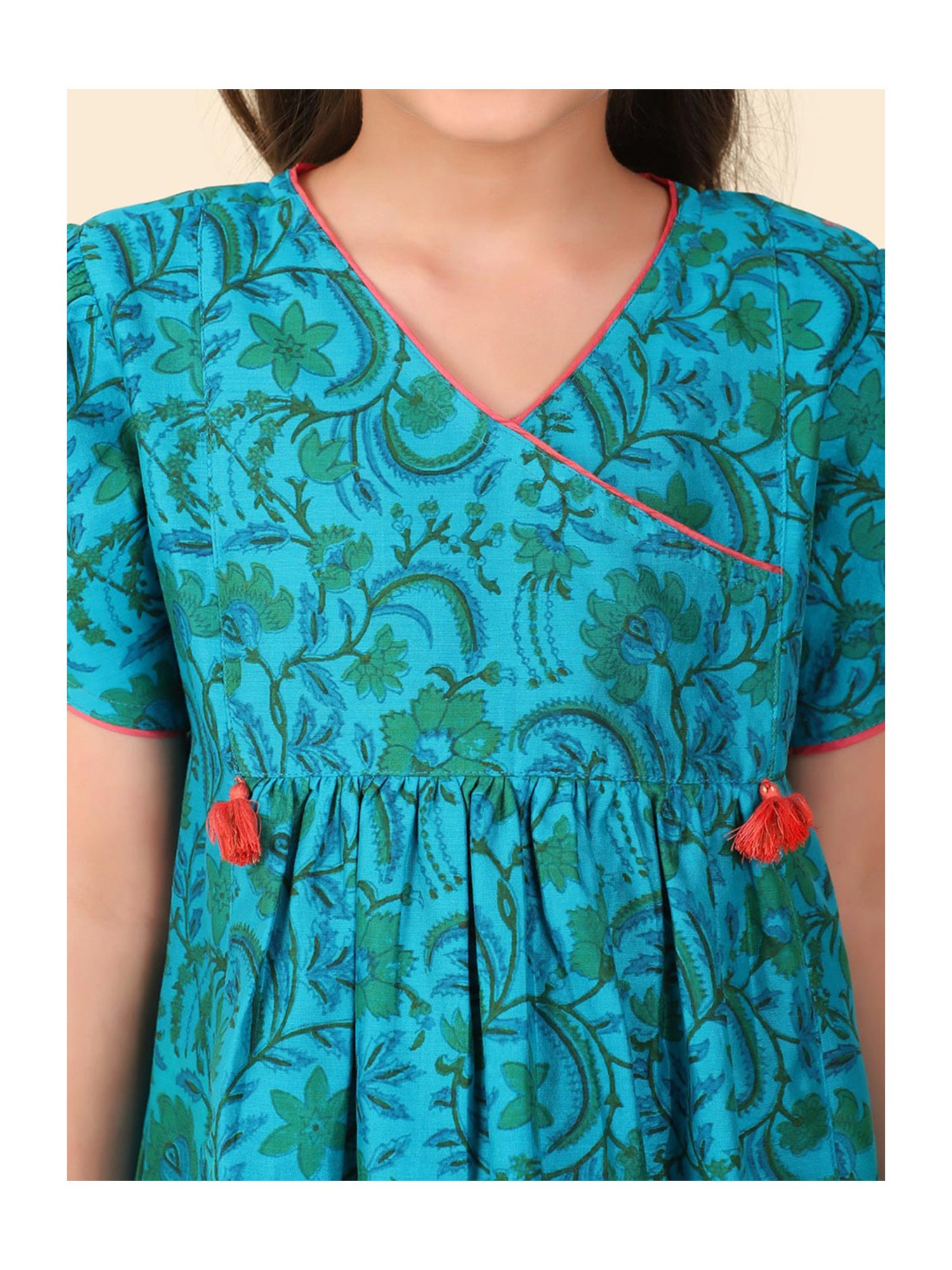 Fabindia Kids Teal & Coral Floral Print Kurta, Salwar With Dupatta