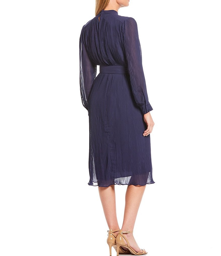 Maggy London Mock Neck Belted Pleated Georgette Long Sheer Sleeve Midi Dress