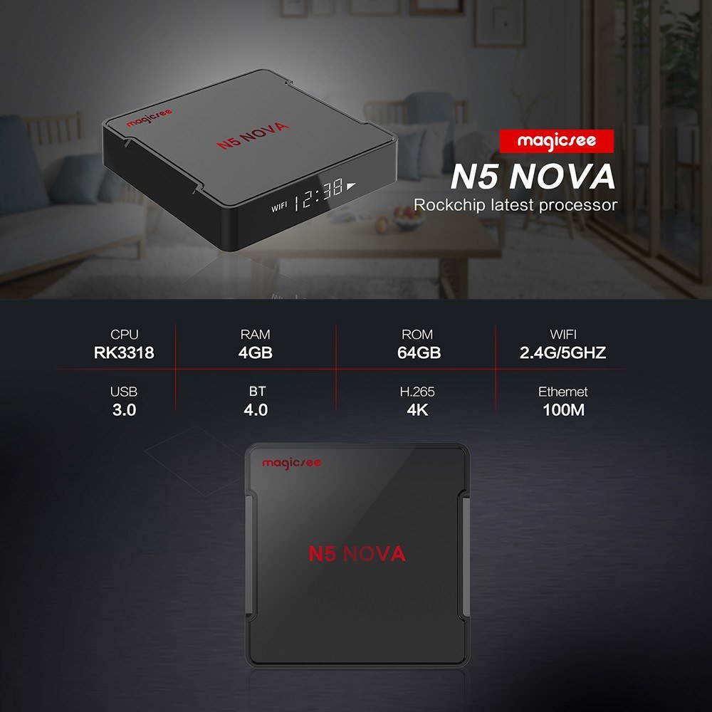 Magicsee N5 NOVA Smart Android 9.0 TV Box RK3318 Quad Core 64 Bit 4K 4GB / 64GB 2.4G & 5G WiFi & 100M LAN HD H.265 VP9 Decoding HD Media Player