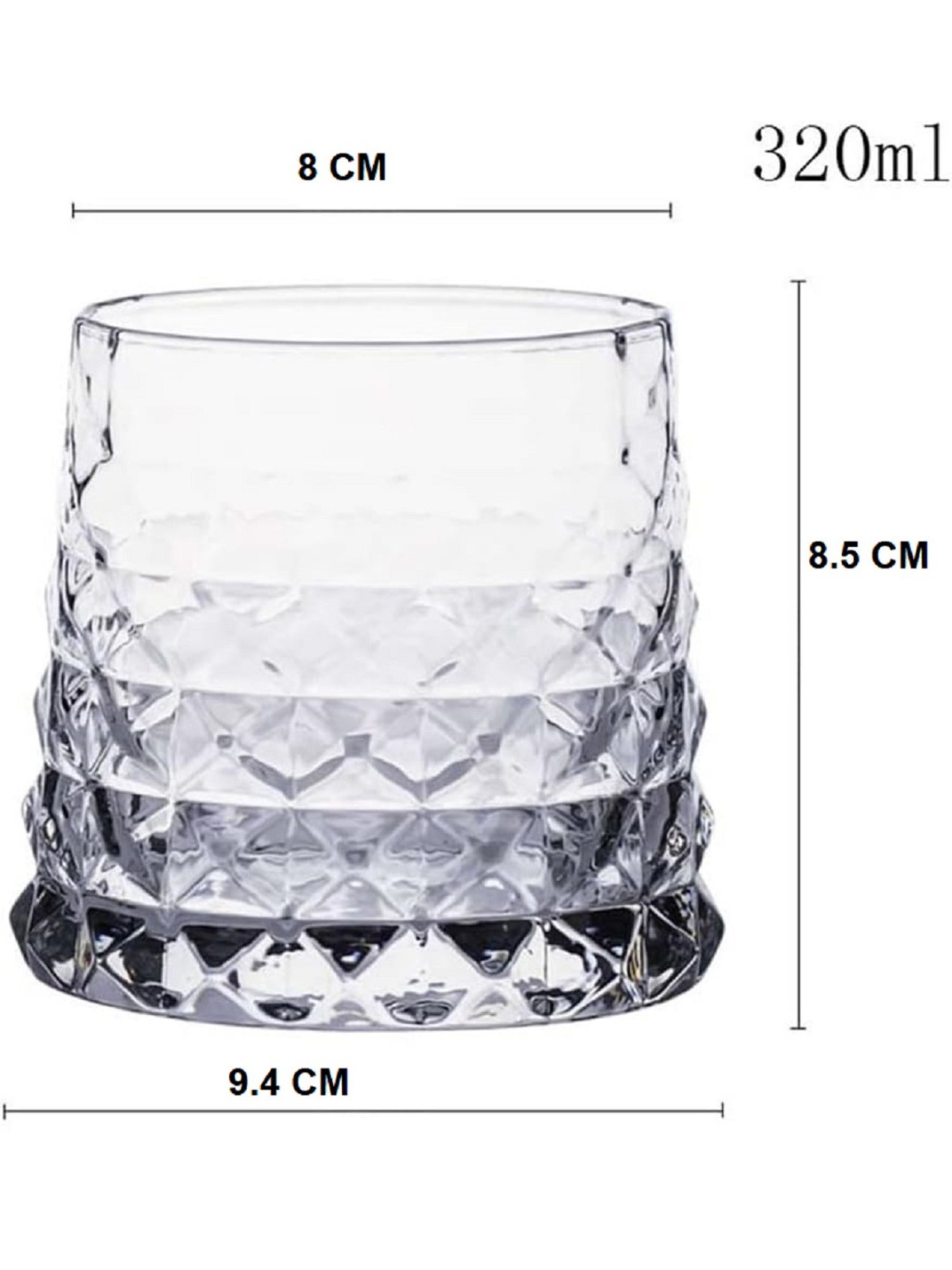 Melbify Embosed Diamond Cut Transparent Whiskey Glass 320ml - Set of 6