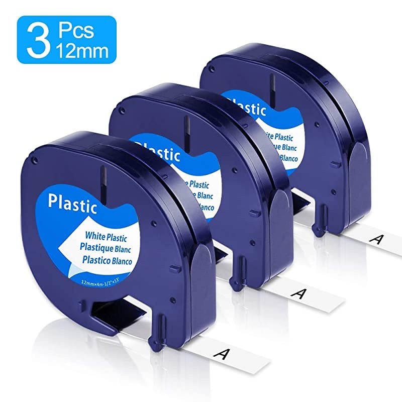 Compatible Label Tape Replacement for DYMO LetraTag Refills 91331 12mm Plastic White Tape for Label Maker QX50 LT100H LT100H Plus and LT100T 12 Inch x 13 Feet Black on White 3 Pack