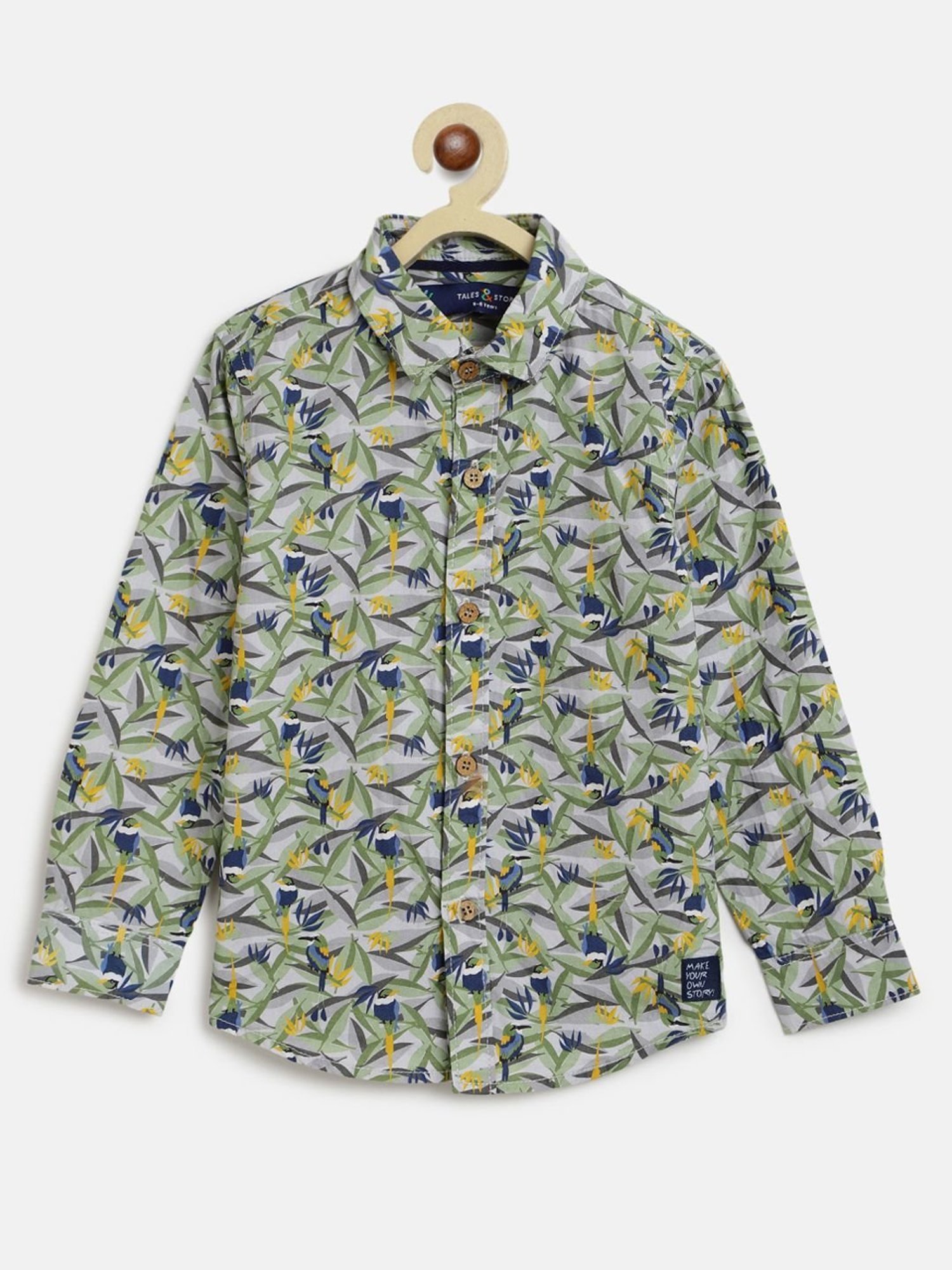 Tales & Stories Kids Olive Green & Blue Cotton Printed Full Sleeves Shirt