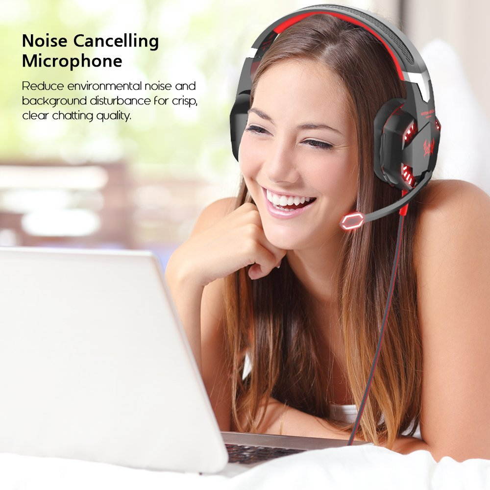 VersionTech G2000 Gaming Headset for PC Computer, Comfortable Over Ear Headphones with Microphone, Led Lights & In-Line Volume Control (Not compatible with PS3/PS4/Xbox One/Xbox 360)- Red