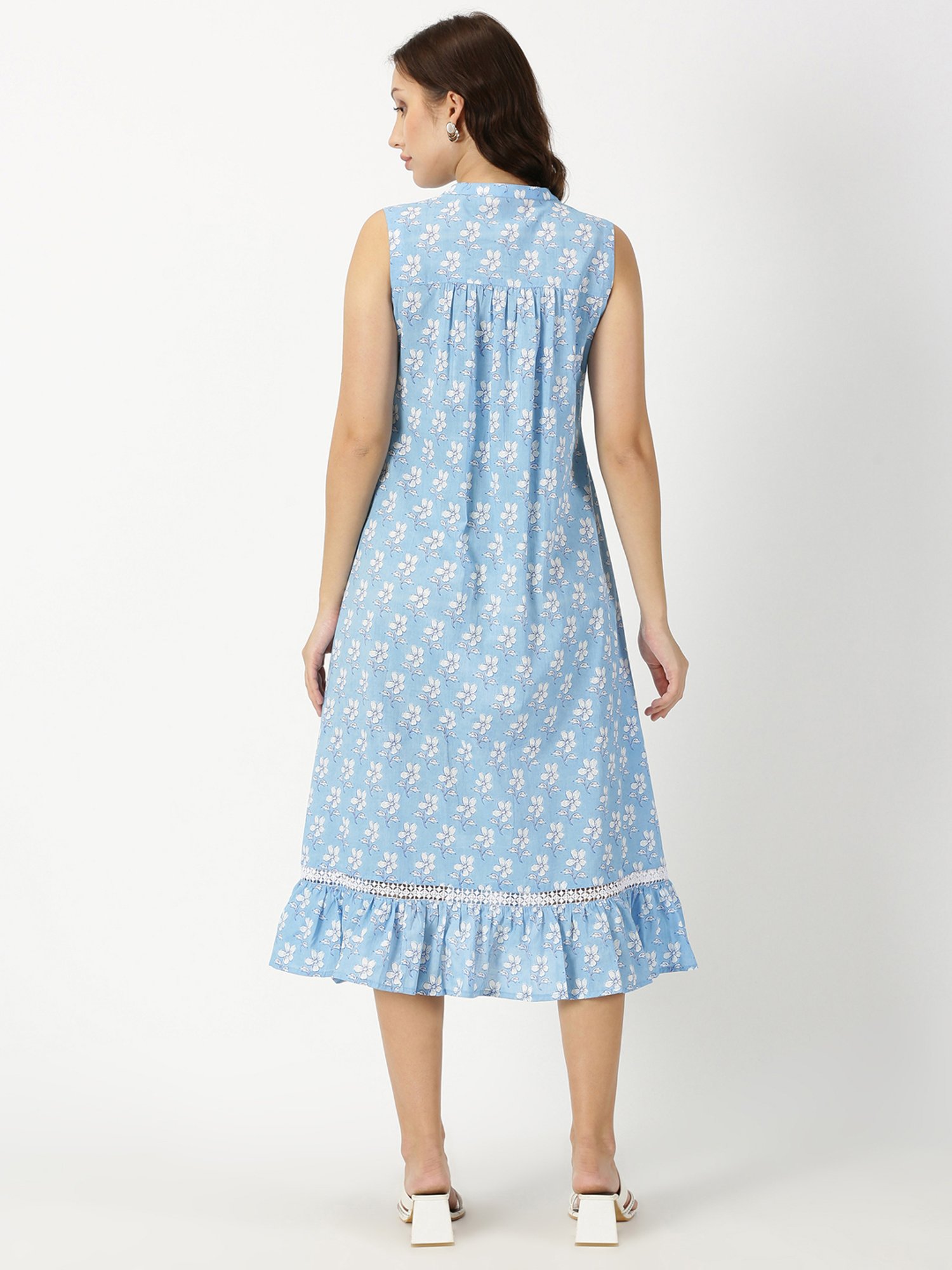 Saffron Threads Blue Cotton Floral Print Ethnic Dress