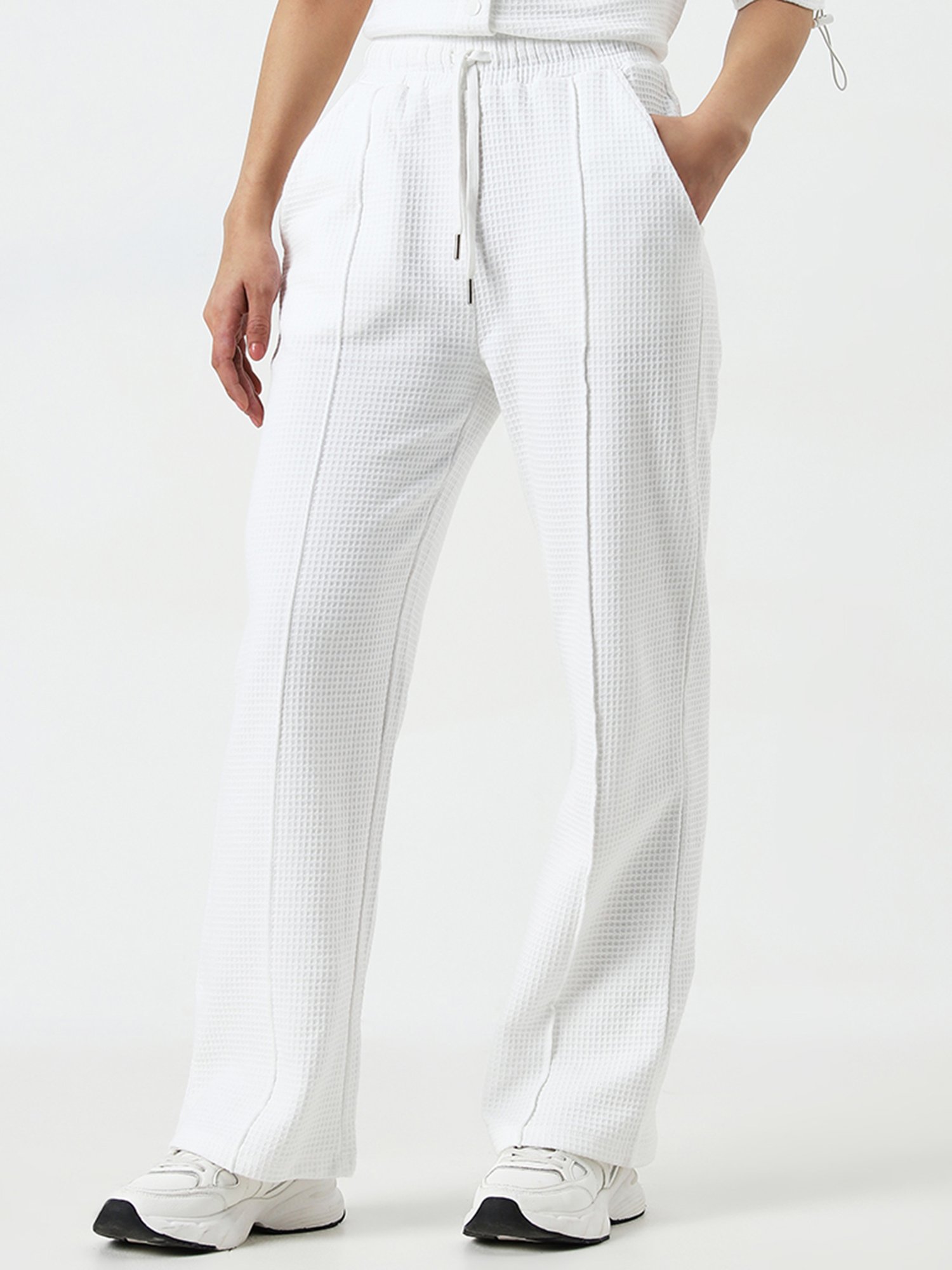 Studiofit by Westside White Waffle Texture High-Rise Cotton Track Pants