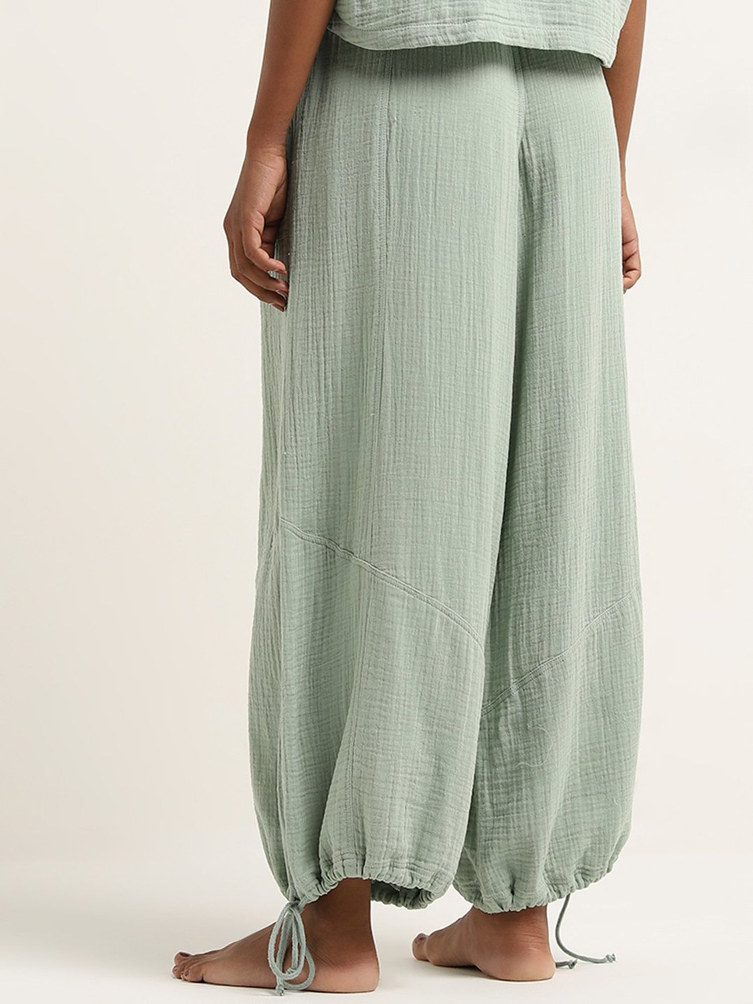 Superstar by Westside Light Sage Textured Mid-Rise Cotton Harem Pants