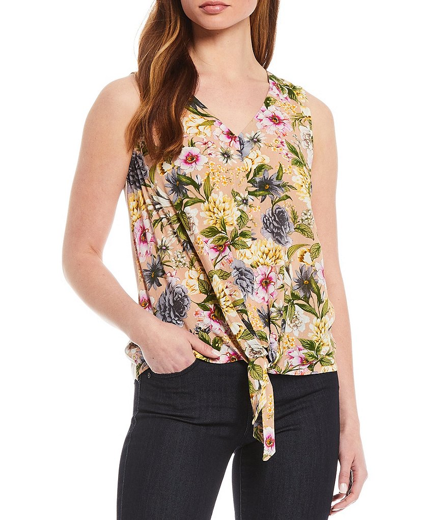 Democracy Floral Print V-Neck Sleeveless Tie Front Tank