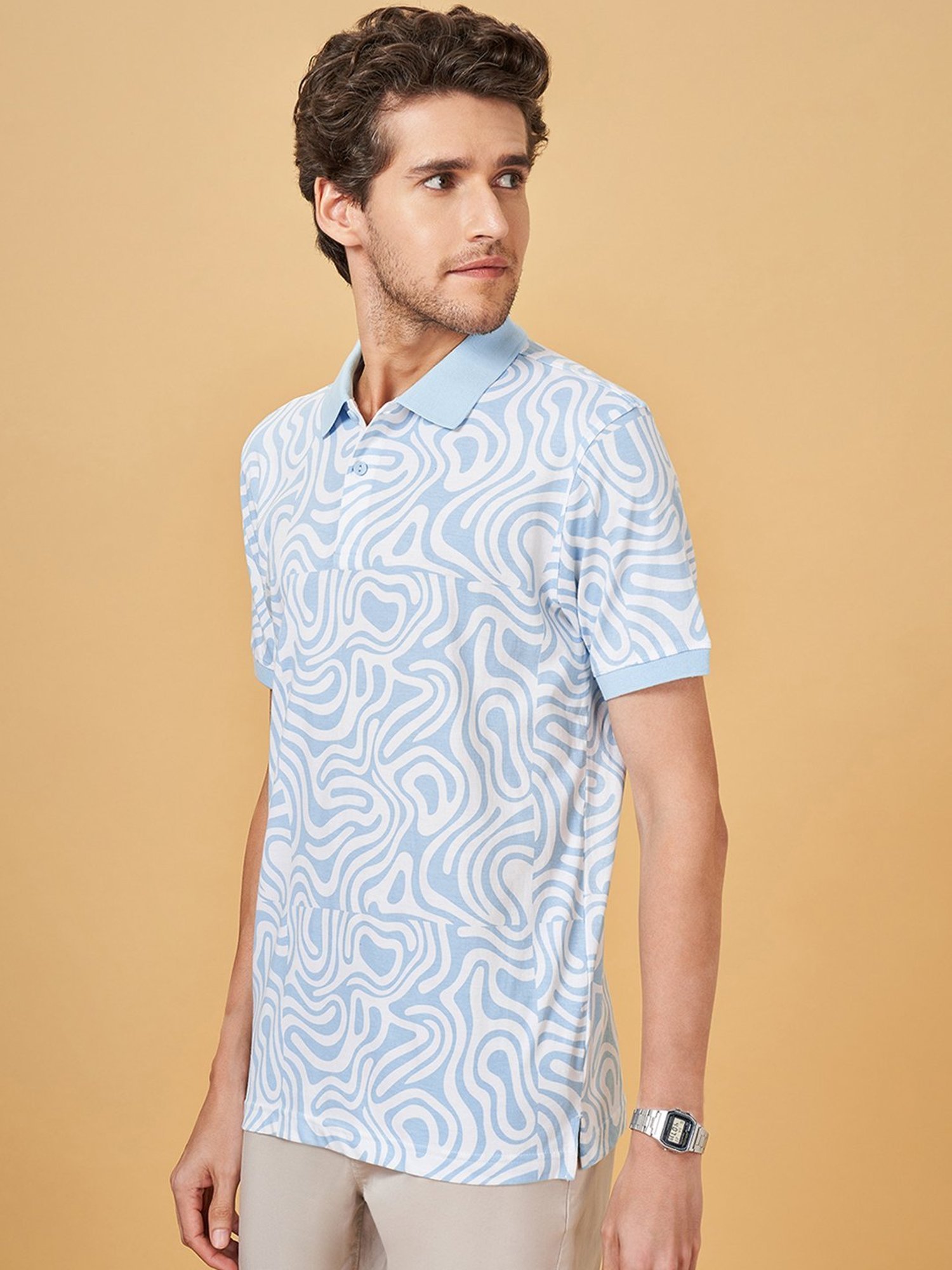 Byford By Pantaloons Blue Slim Fit Printed Polo T-Shirt
