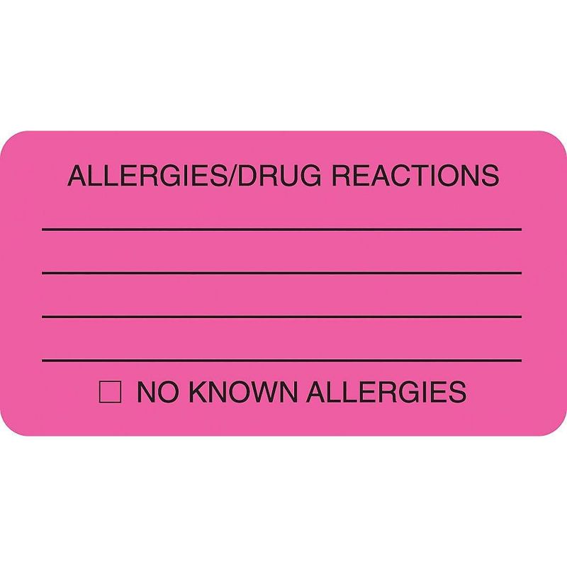 Tabbies Allergies/Drug Reaction Labels 1-3/4 x 3-1/4 Fluor Pink 250/Roll 01730