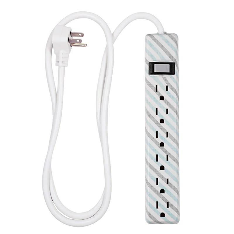 Outlet Power Strip 4 Ft Power Cord Flat Plug Wall Mount For Bedroom Dorm or Home Decor Power Switch Integrated Circuit Breaker UL Listed White Gray Mint Stripes 31040