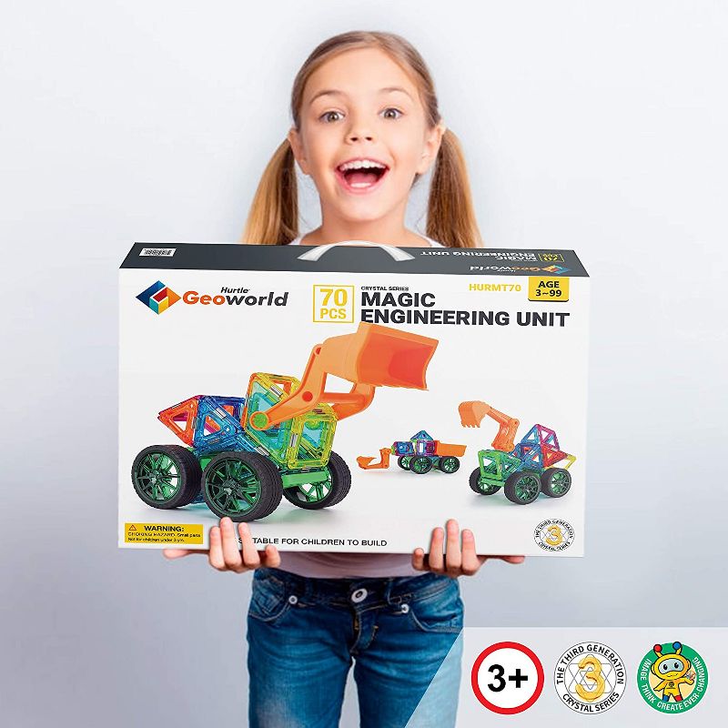 Hurtle Kids Childrens Deluxe 70 Piece Educational STEM Engineering Magnetic Building Block Set with 2 Big Wheels, Car Body, and Bulldozer Arm, Multi