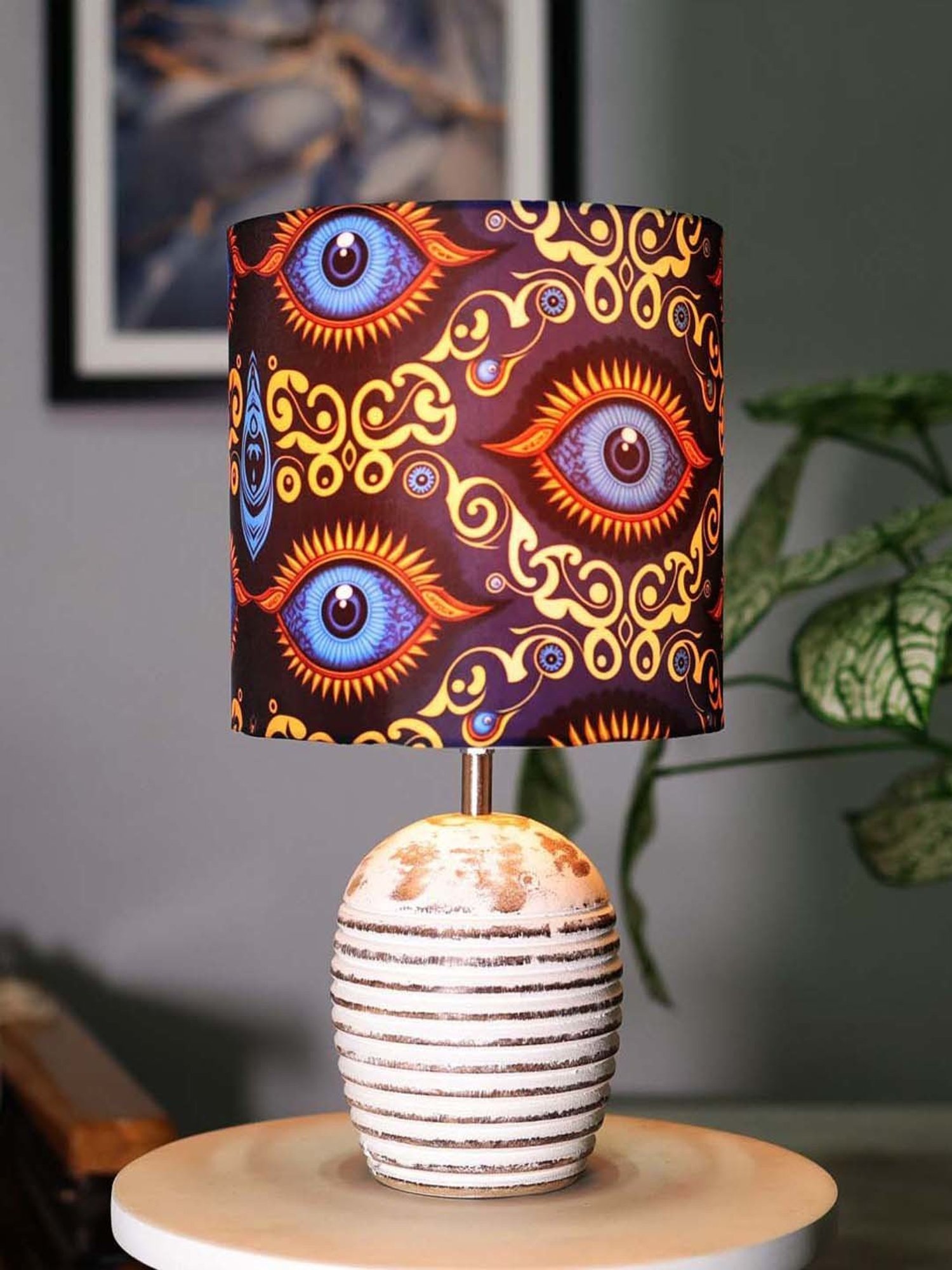 Homesake Beauty in Eye Multicolor Wood Ribbed Basket Table Lamp with Fabric Lampshade