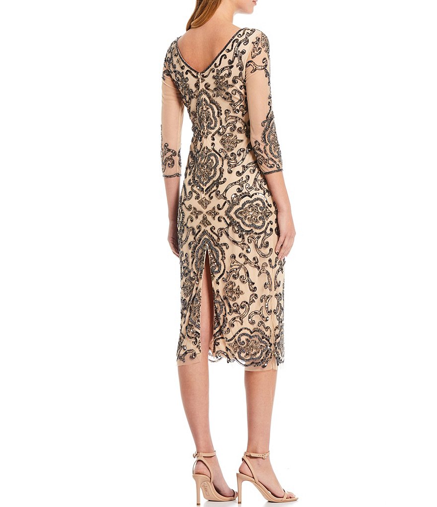 Pisarro Nights V-Neck 3/4 Sleeve Beaded Sheath Midi Dress