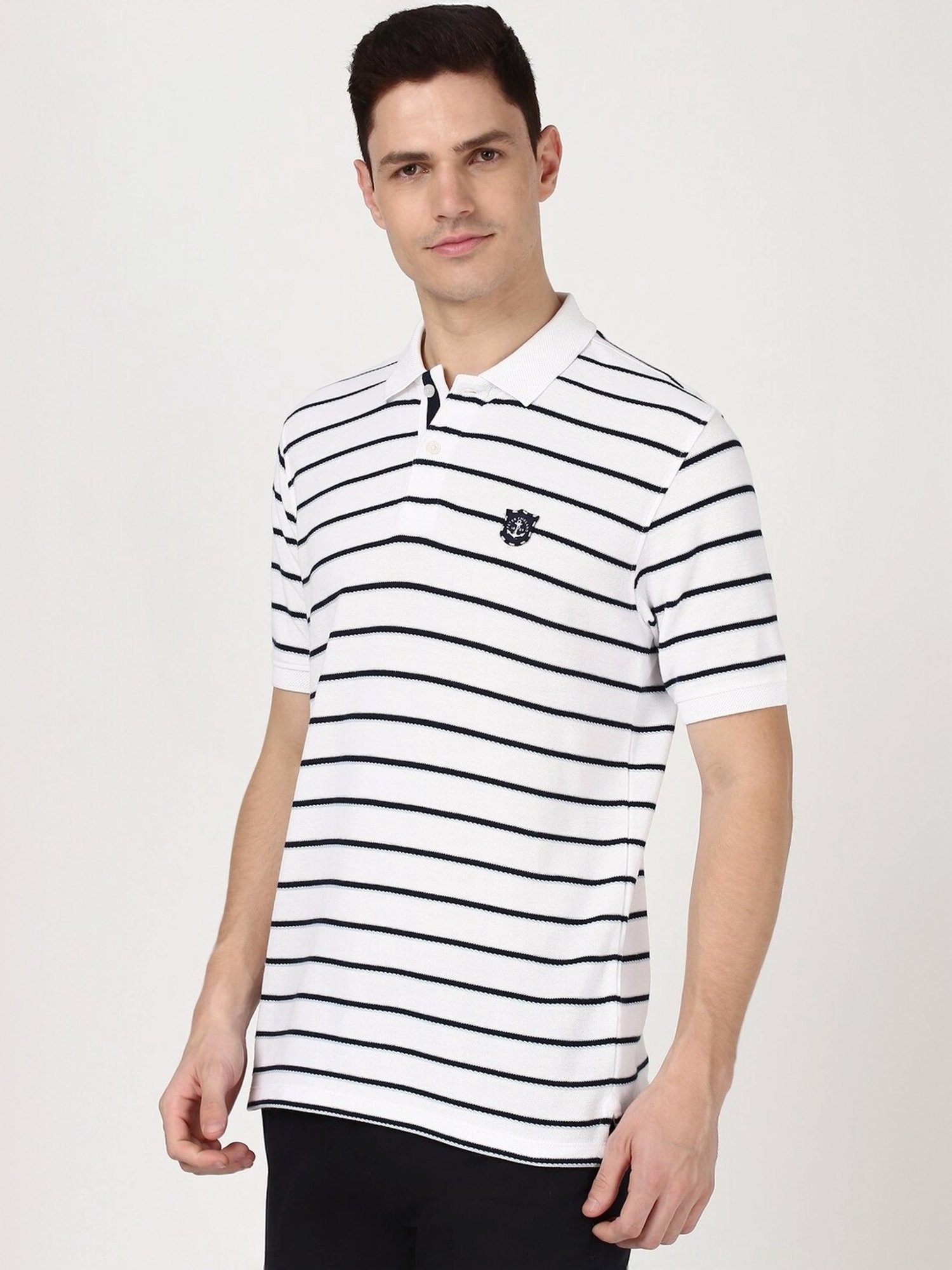 Peter England White Cotton Regular Fit Striped T-Shirt