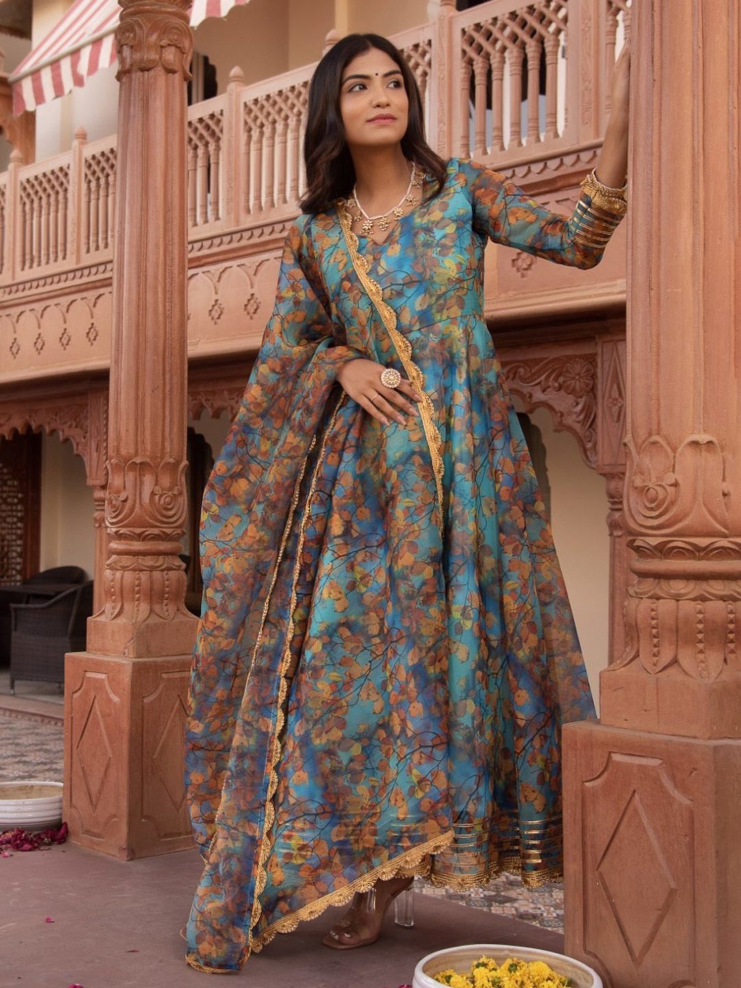 Calmna Fall Blue Organza Gotapatti Anarkali Suit Set