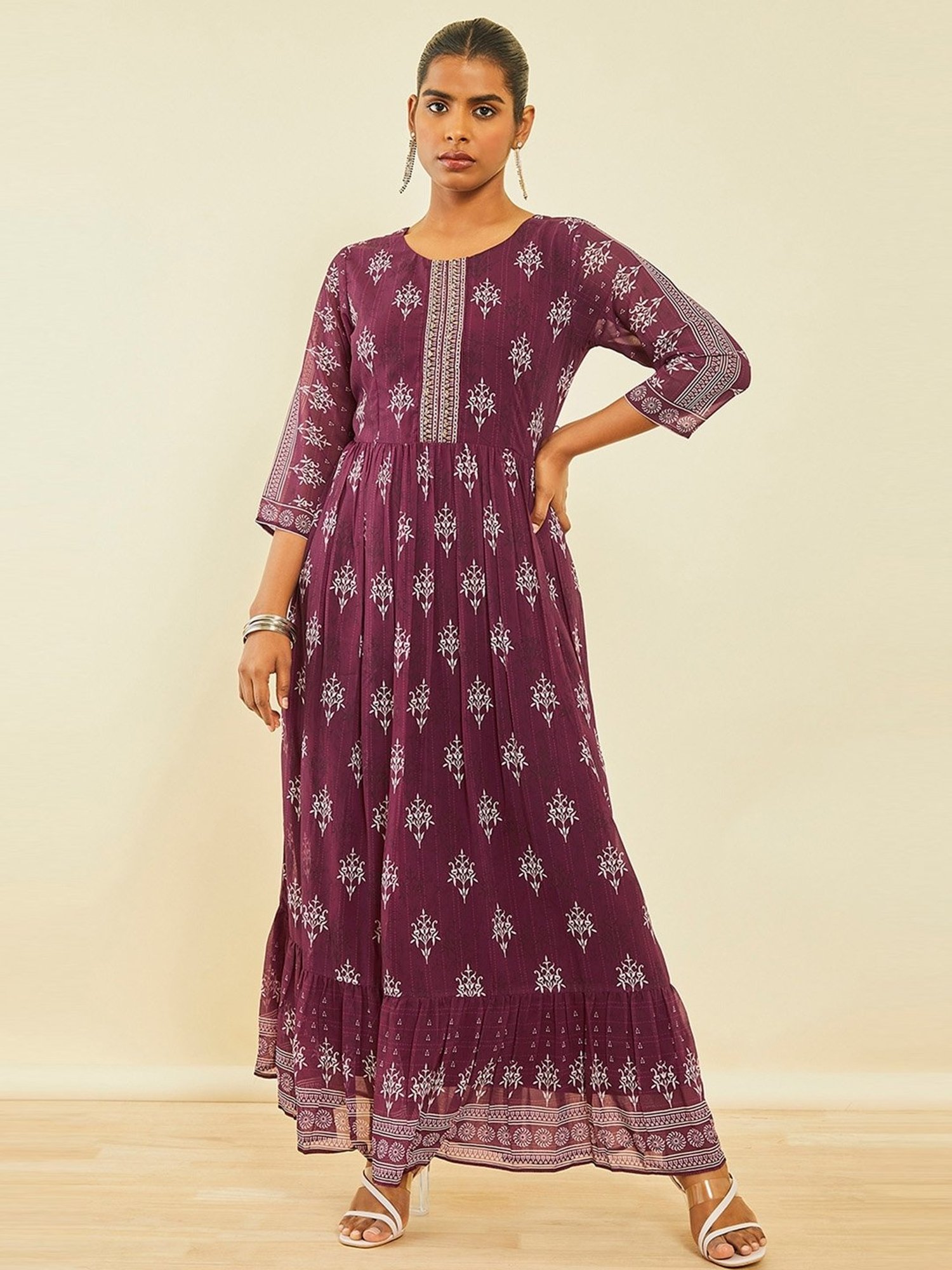 Soch Magenta Georgette Botanical Print Dress with Cutdana Work Yoke