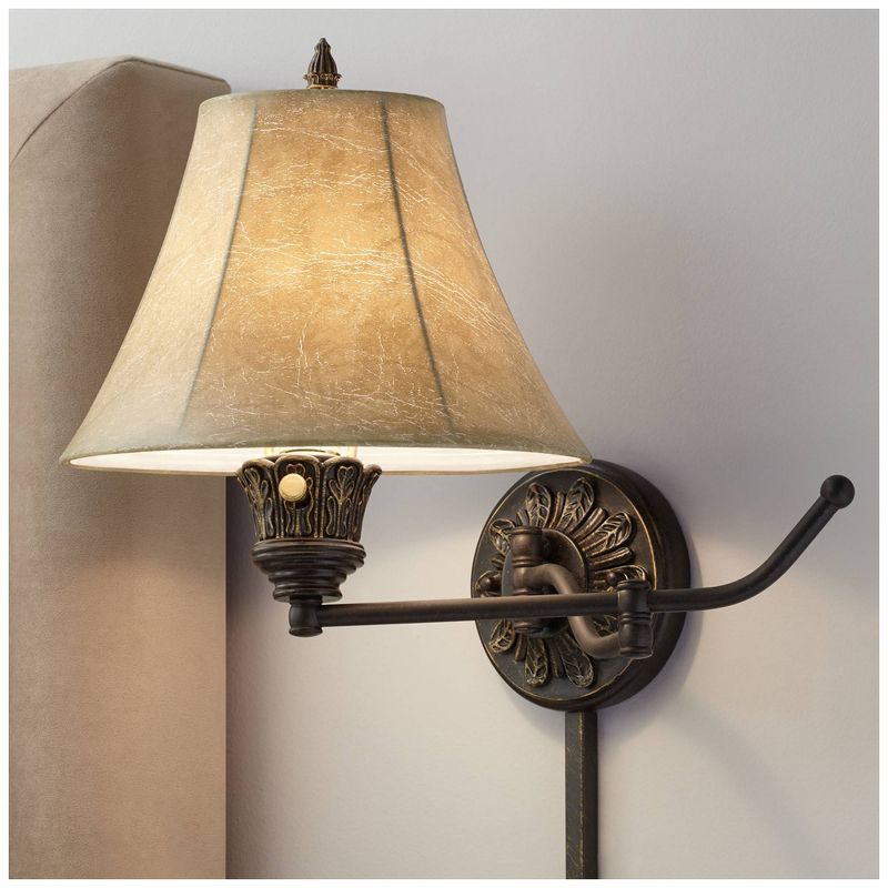 Barnes and Ivy Swing Arm Wall Lamps Set of 2 French Bronze Plug-In Light Fixture Faux Leather Shade Bedroom Living Room Reading