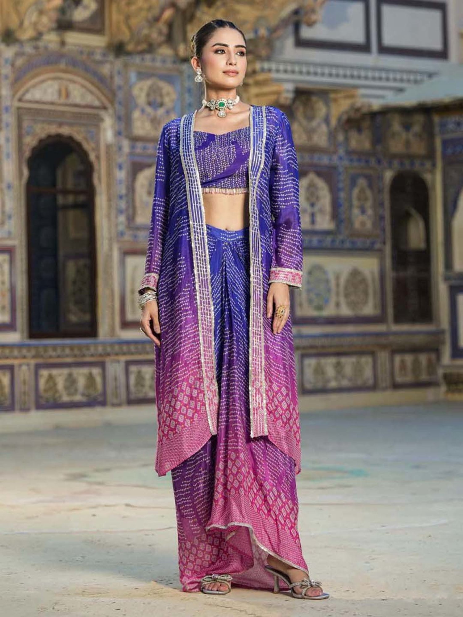 SCAKHI Blue Printed Lehenga Choli Set With Jacket