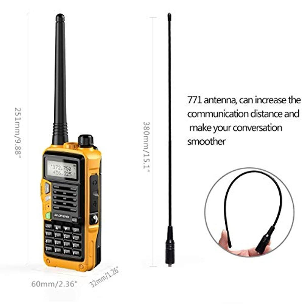 BaoFeng UV-S9 Plus High Power 2200mAh Large Battery Tri-Power Portable Two-Way Radio with 15.1Inch 771 Antenna (OrangeAntenna)