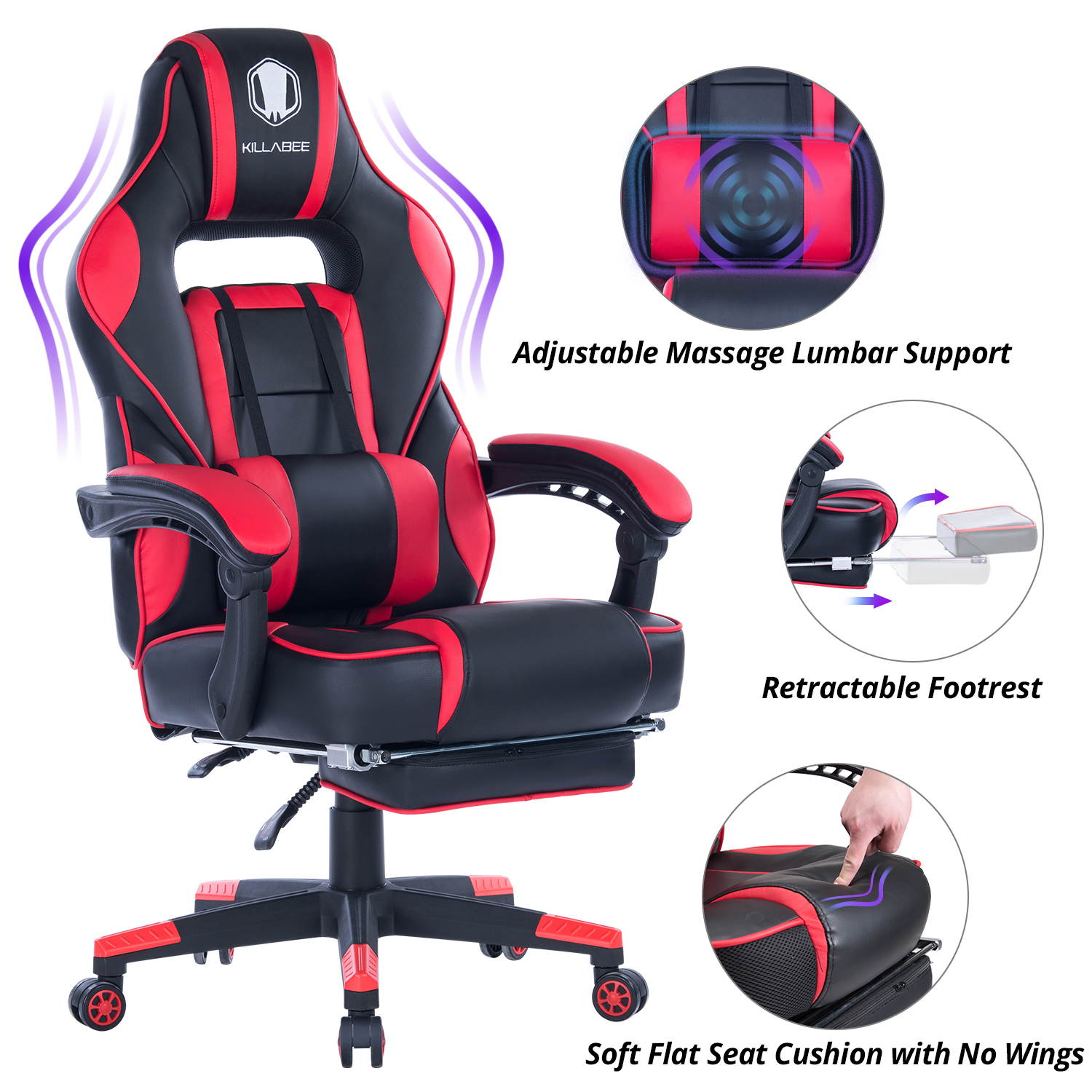 KILLABEE Massage Gaming Chair High Back PU Leather PC Racing Computer Desk Office Swivel Recliner with Retractable Footrest and Adjustable Lumbar Support
