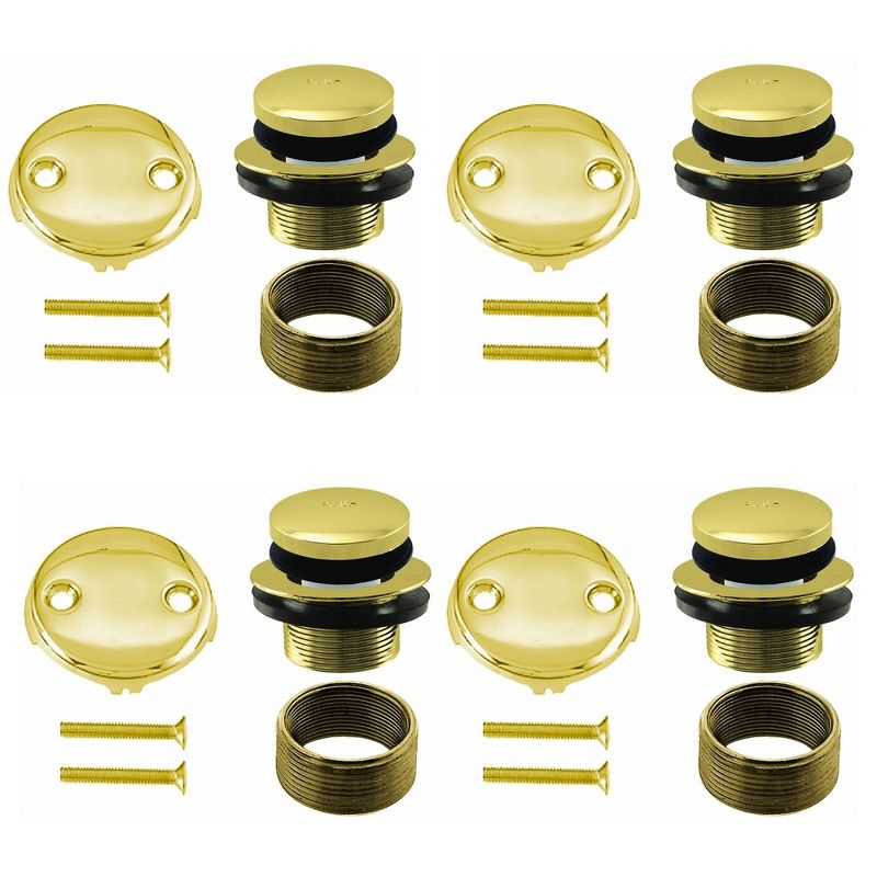 Westbrass 1.5 Inch Diameter Round Universal Tiptoe Drain Bathtub Trim Set with 2-Hole Overflow Faceplate, Polished Brass (4 Pack)