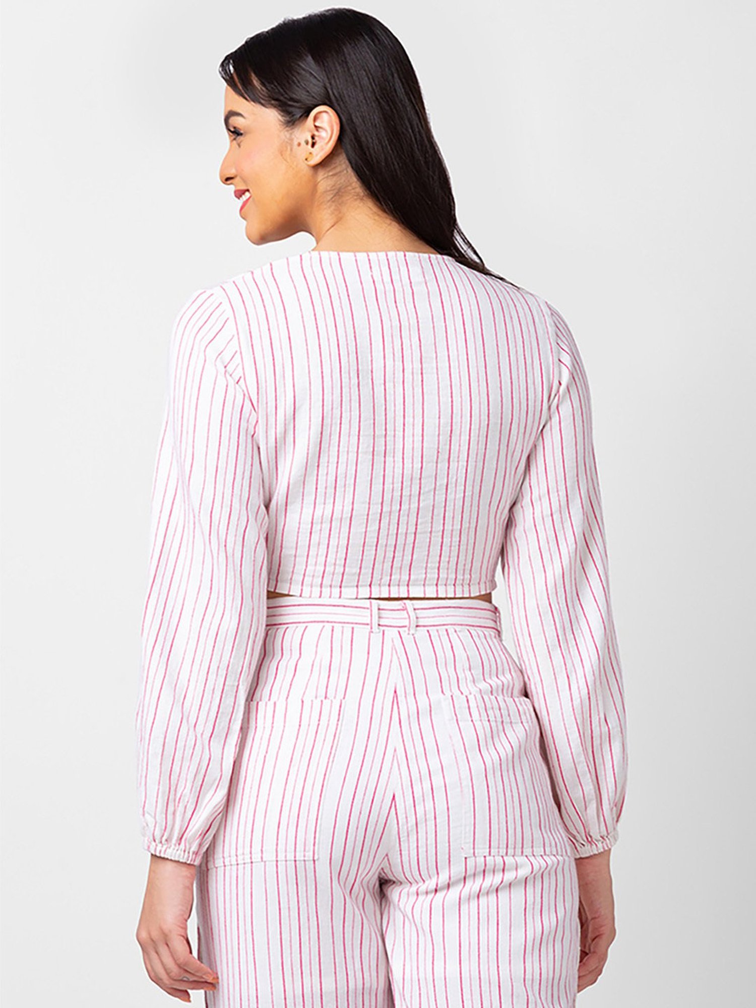 Spykar White & Pink Cotton Striped Top