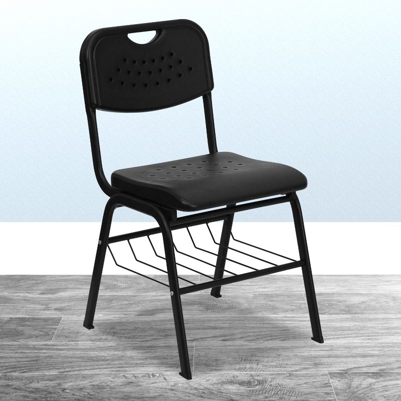 Emma and Oliver Black Plastic Student Classroom Chair with Book Basket