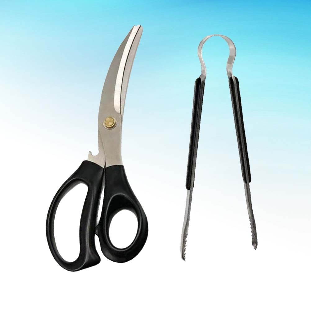 1 Set Barbecue Scissors Clip Set Barbecue Gadget Clamp Kitchen Gadget for Barbecue Home Household (Scissors + Clip Black + Silver)