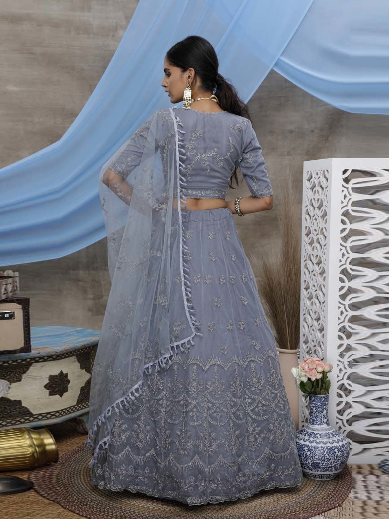 SHUBHKALA Bluish Grey Embroidered Lehenga Choli Set With Dupatta