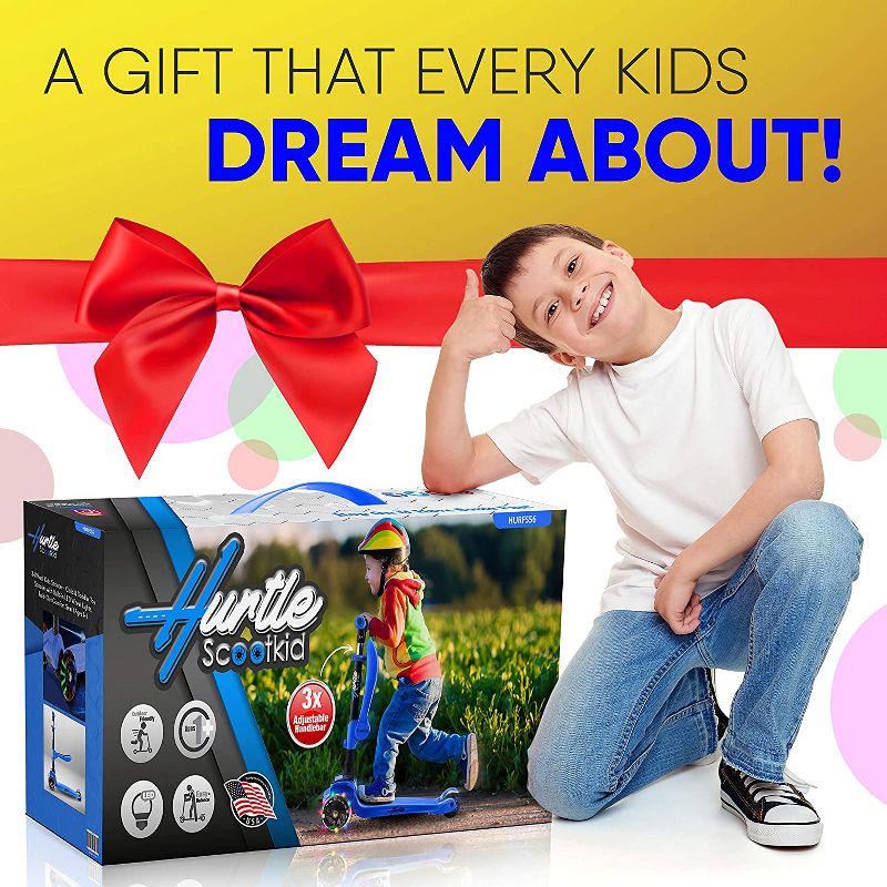 Hurtle ScootKid 3 Wheel Toddler Child Mini Ride On Toy Tricycle Scooter with Adjustable Handlebar, Foldable Seat, and Colorful Light Up Wheels, Blue