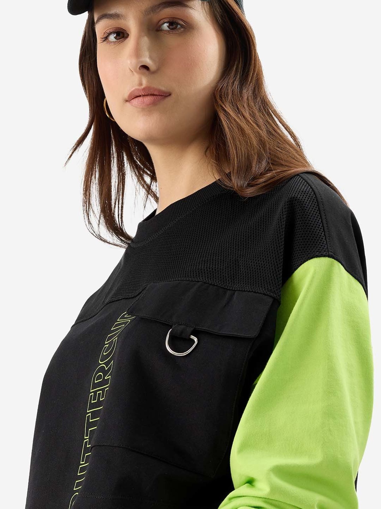 The Souled Store Black & Green Cotton Color-Block Cropped T-Shirt