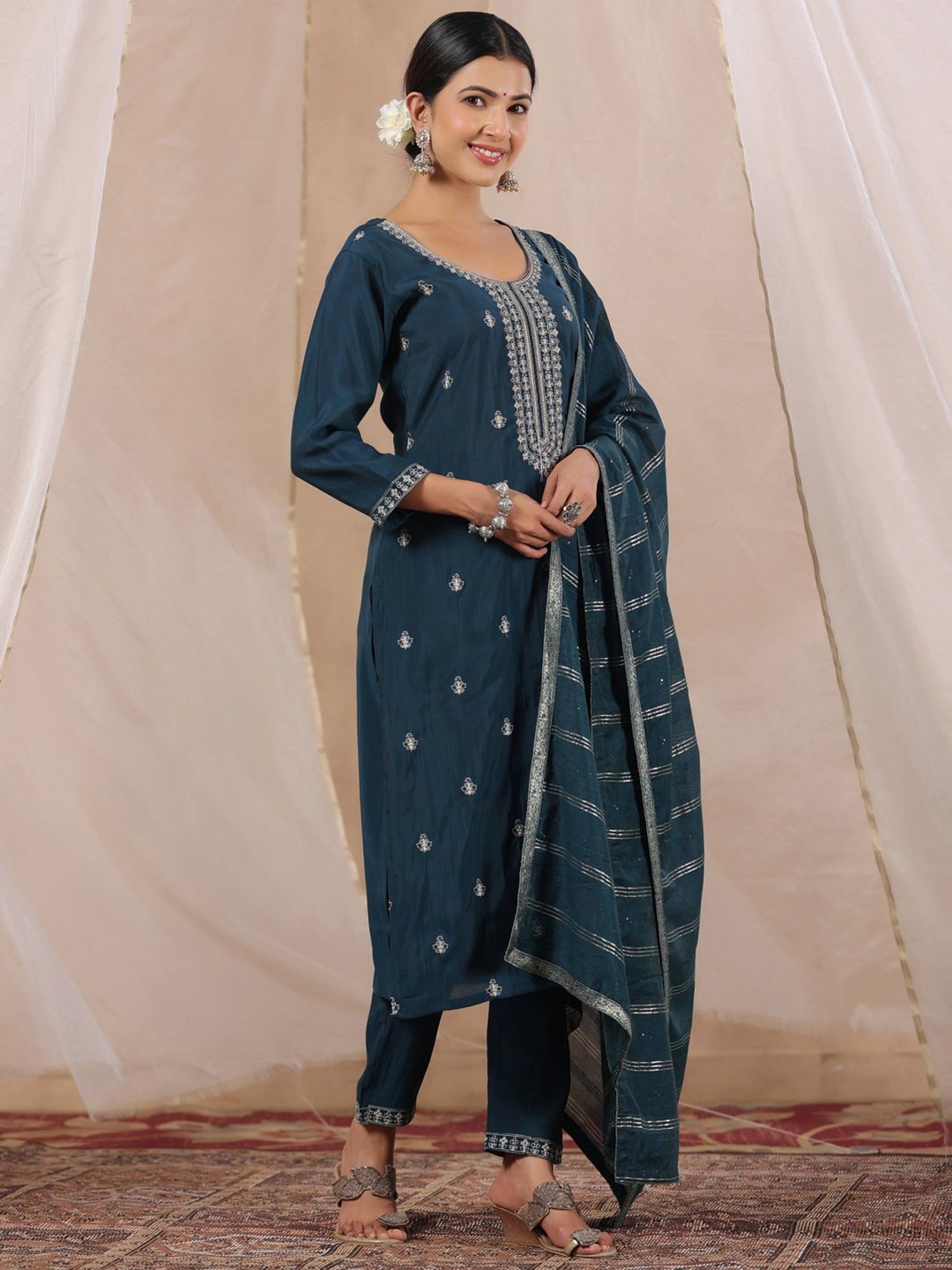 Ishin Blue Embroidered Kurta Pant Set With Dupatta