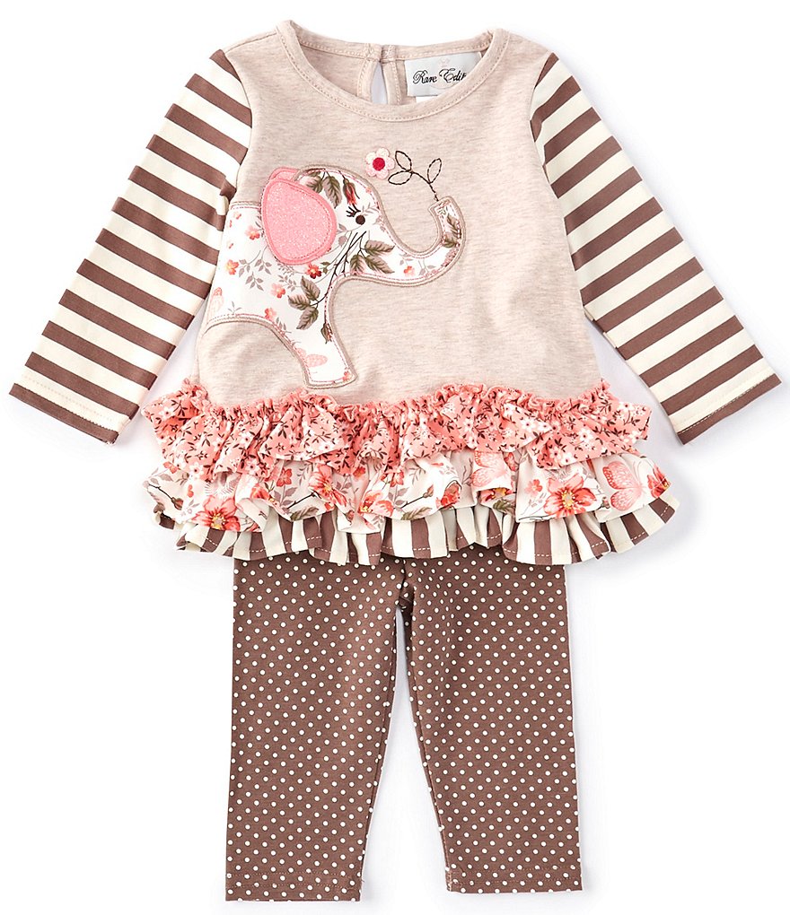 Rare Editions Baby Girls 3-24 Months Long-Sleeve Mixed-Media Elephant-Applique Top & Dotted Leggings Set