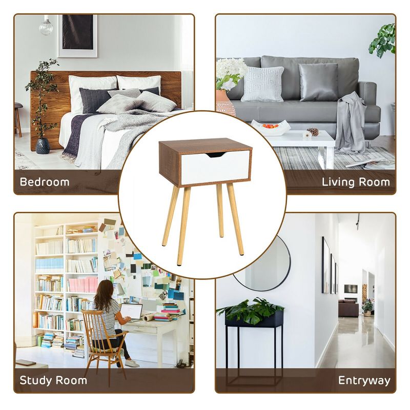 Costway 2PCS Nightstand End Side Sofa Table Storage Drawer Living Room W/Solid Wood Leg