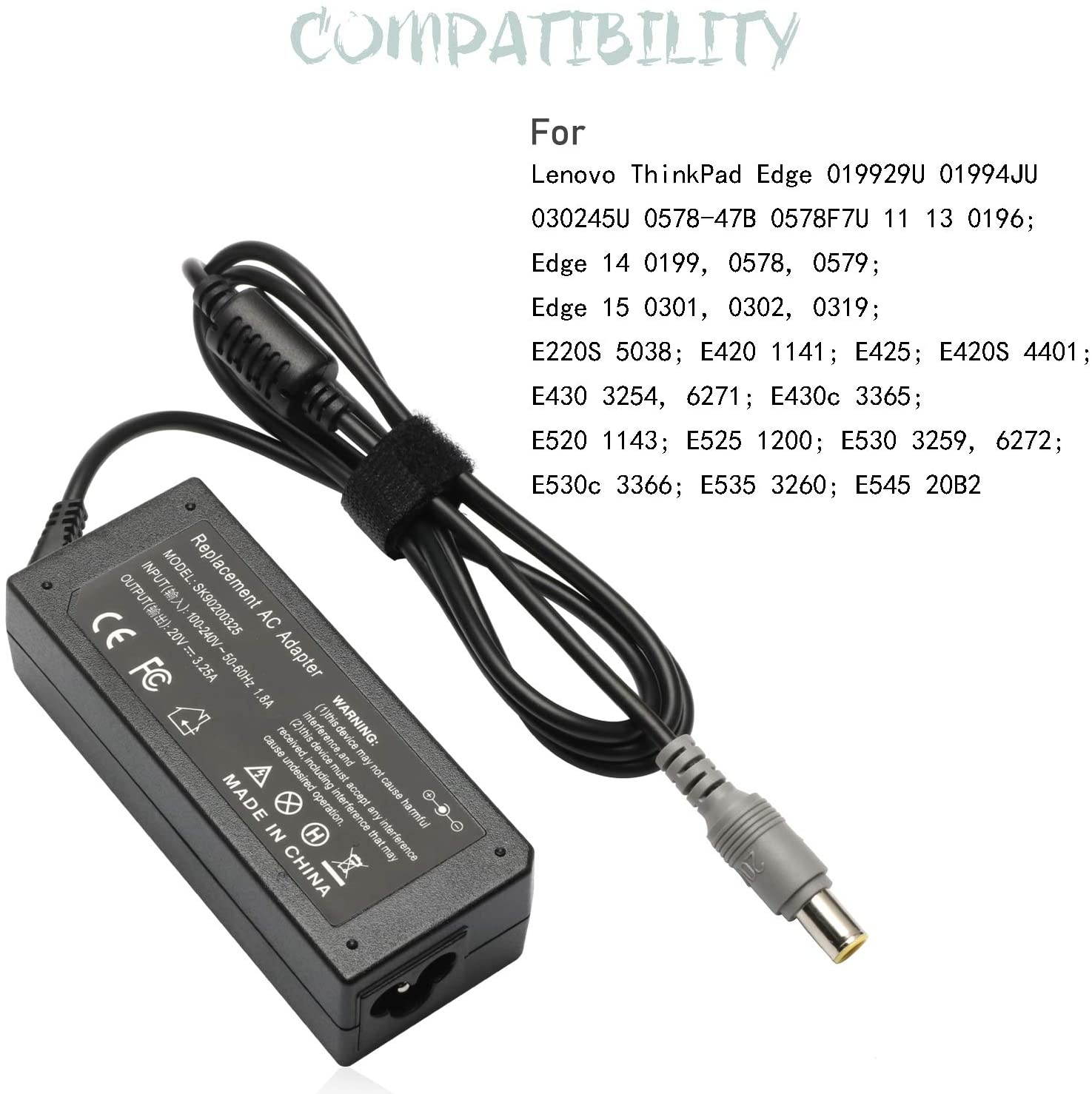 65W Laptop Adapter Charger for Lenovo Thinkpad E545 T420 T400 T410 T420s T500 T520 T530 E545 X140e X230 Edge 15 E430 E520 E530 T430u T520 X120e R500 SL500 SL510 AC Power Supply Cord