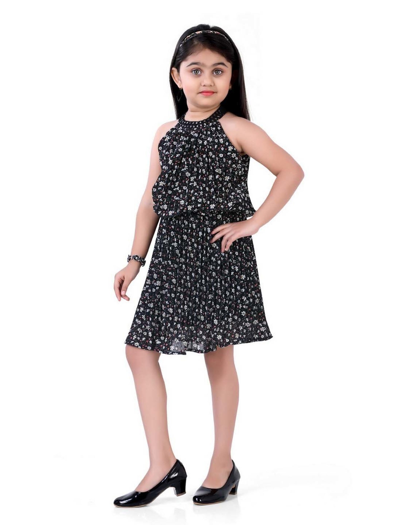 poplins Kids Black Cotton Floral Print Dress