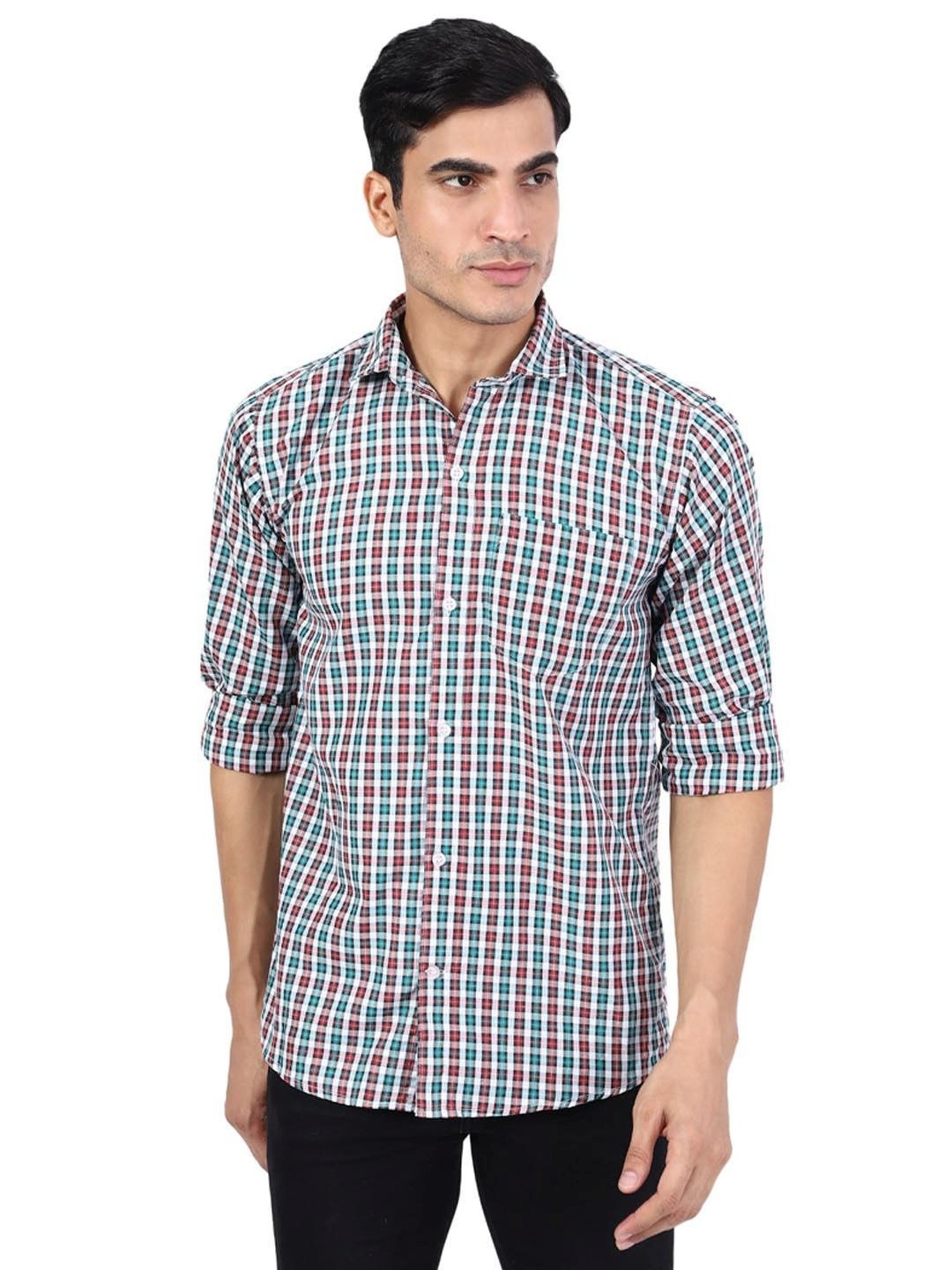 TAHVO Green & Red  Slim Fit Checks Shirt