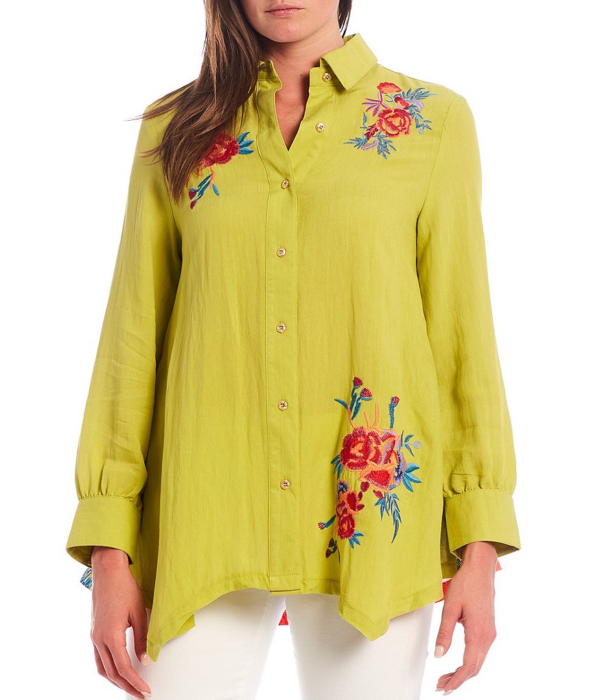 Calessa Floral Embroidery Front Contrast Back Long Sleeve Shirt