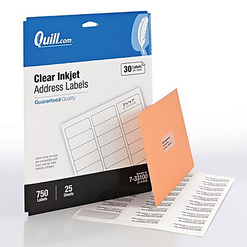 Quill Brand Inkjet Address Labels, 1" x 2-5/8", Clear, 30 Labels/Sheet 733100
