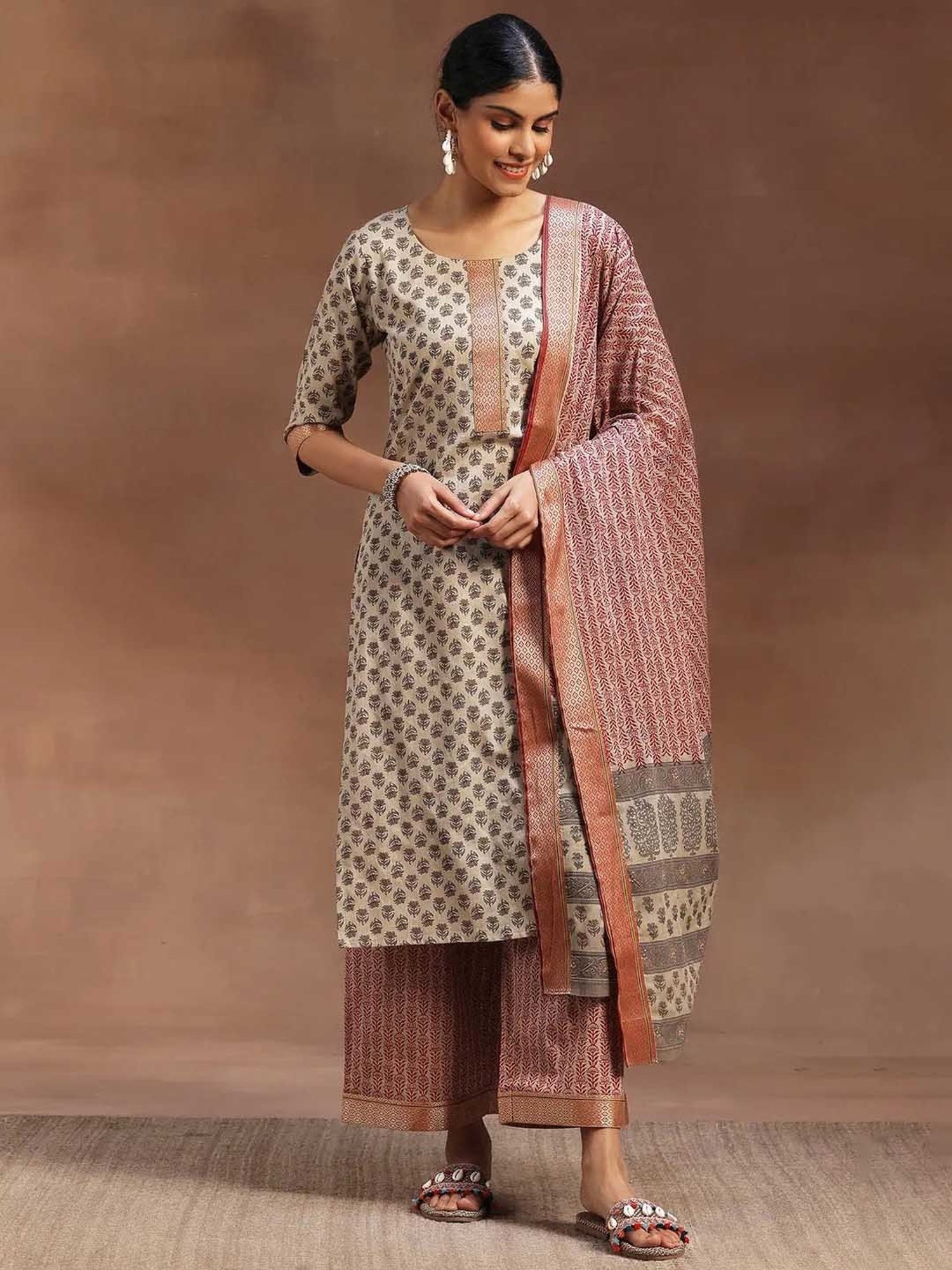 Libas Beige & Marron Floral Print Kurta With Palazzo & Dupatta