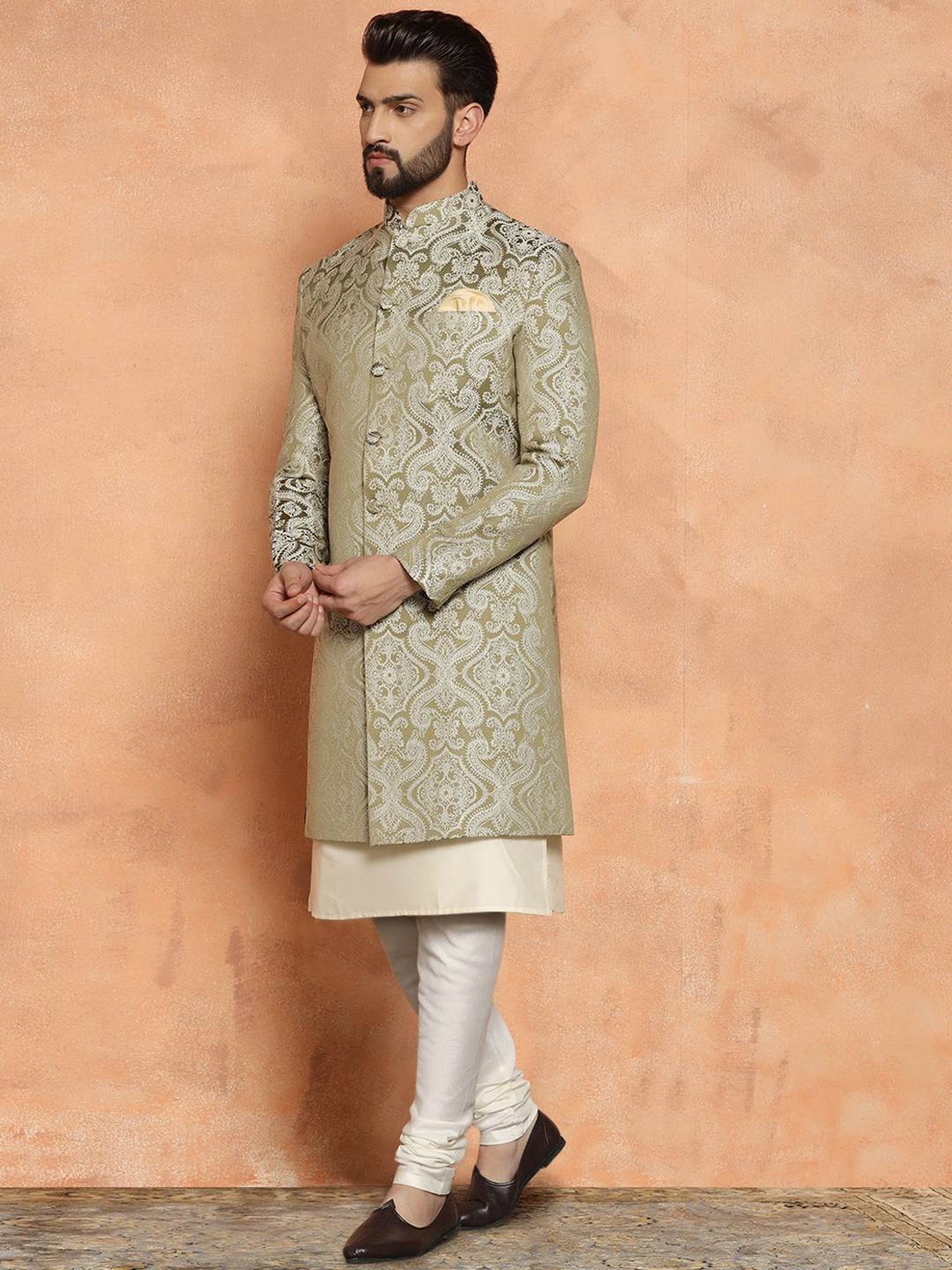 Kisah Beige & Green Regular Fit Jacquard Sherwani Set