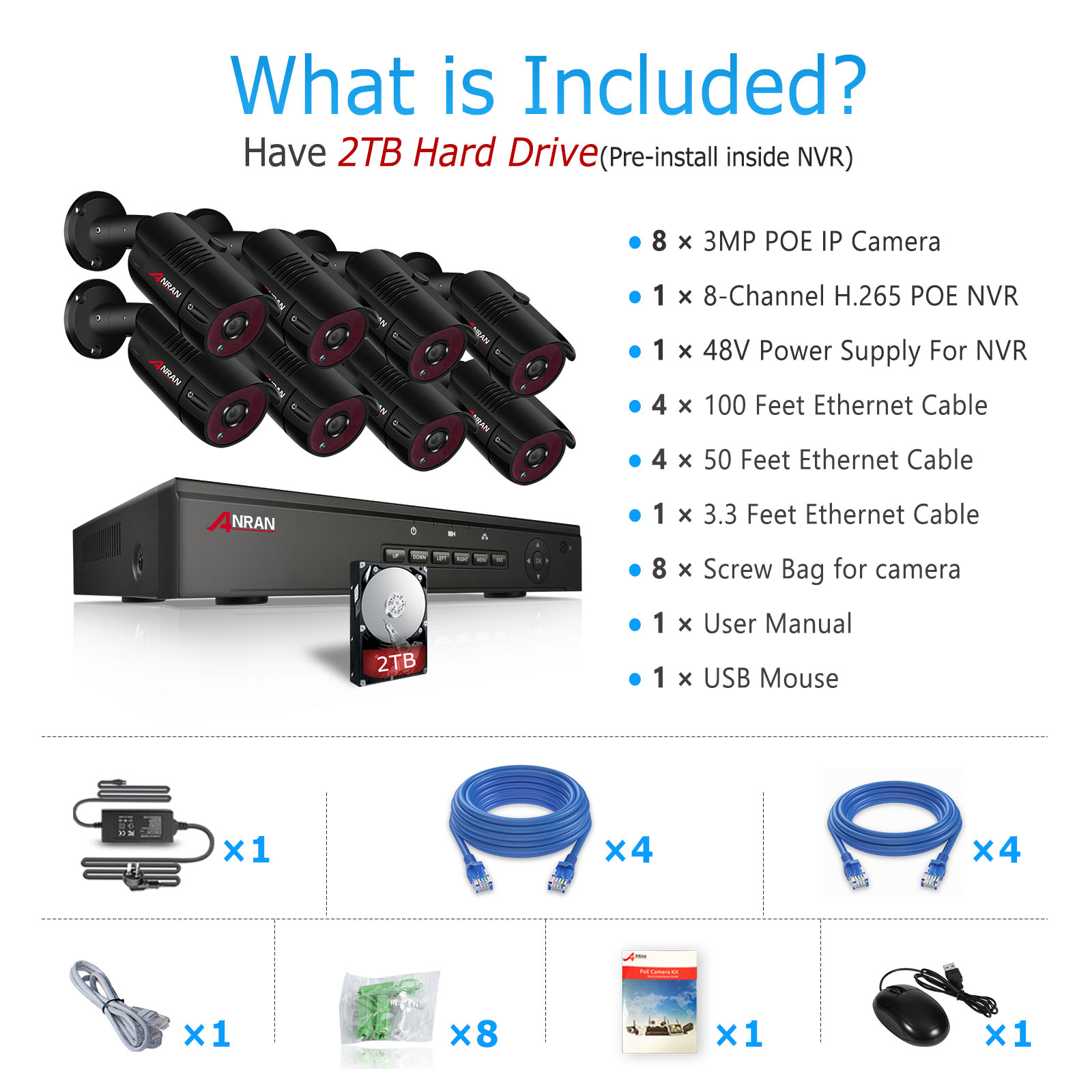 ANRAN 3MP 8CH PoE Video Surveillance System, 4pcs Wired Outdoor 1536P PoE IP Cameras,  8 Channel 5MP POE NVR Security System with 2TB HDD for 24/7 Recording, Night Vision, Email Alarm, Motion Detect