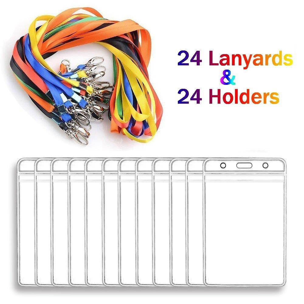 Lanyard With ID Badge Holders Vertical Name Badge Card Holders Bulk 24 Sets for Kids and Adults (Vertical)