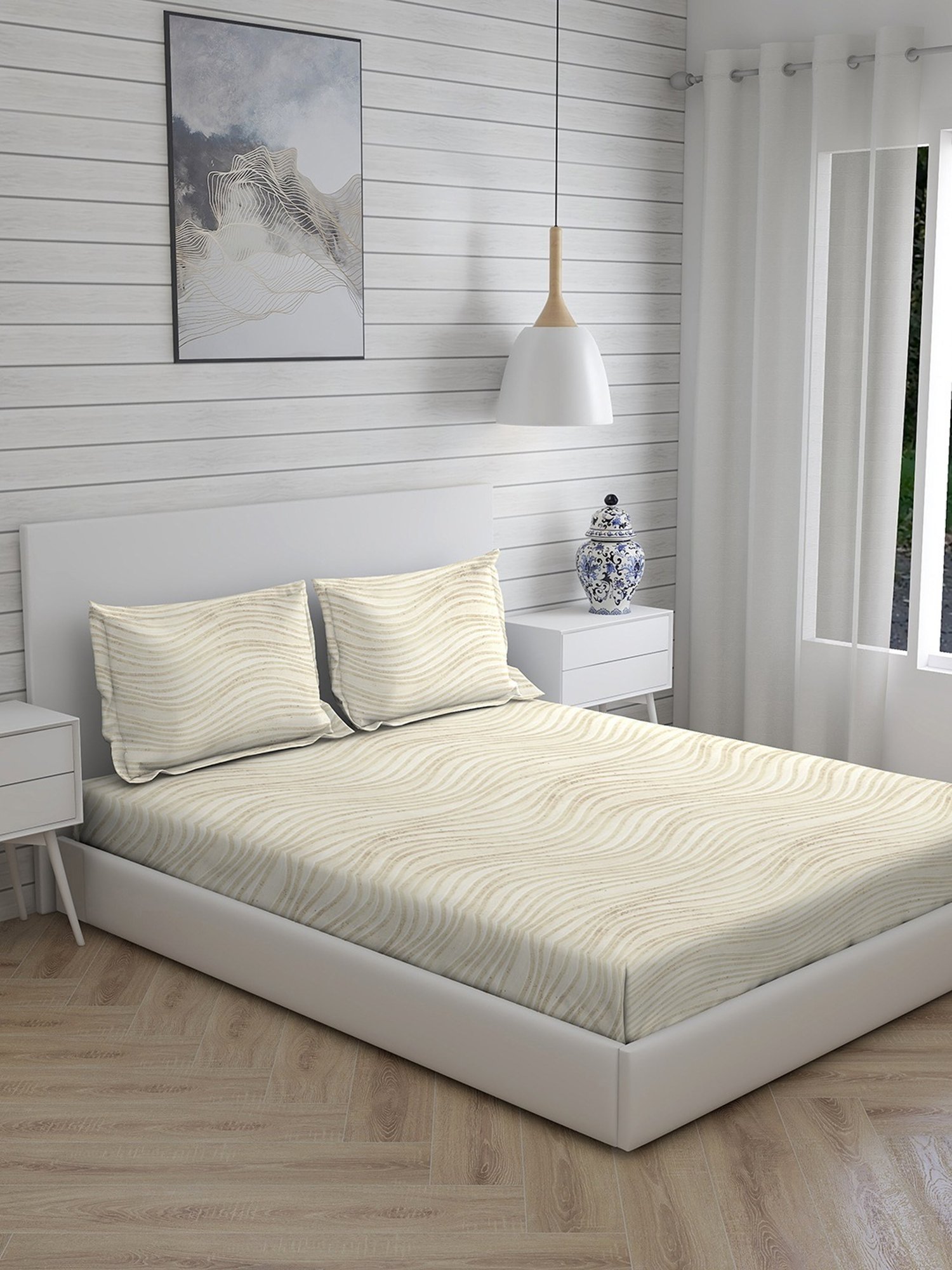 Layers Panchatatva Floral Beige 146 TC Cotton King Bed Sheet with 2 Pillow Covers